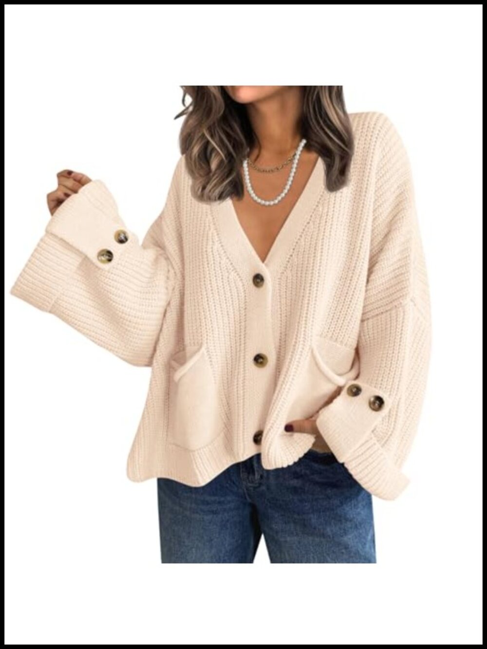 Chunky Knit V-Neck Button Up Cardigan Sweater for Women
